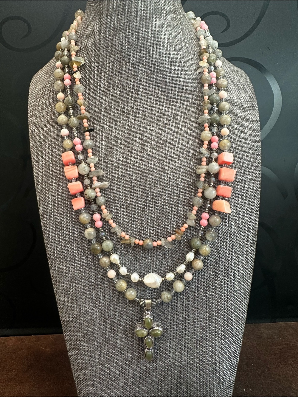 Multi-Strand Coral & Labradorite Bead Necklace with Pendant